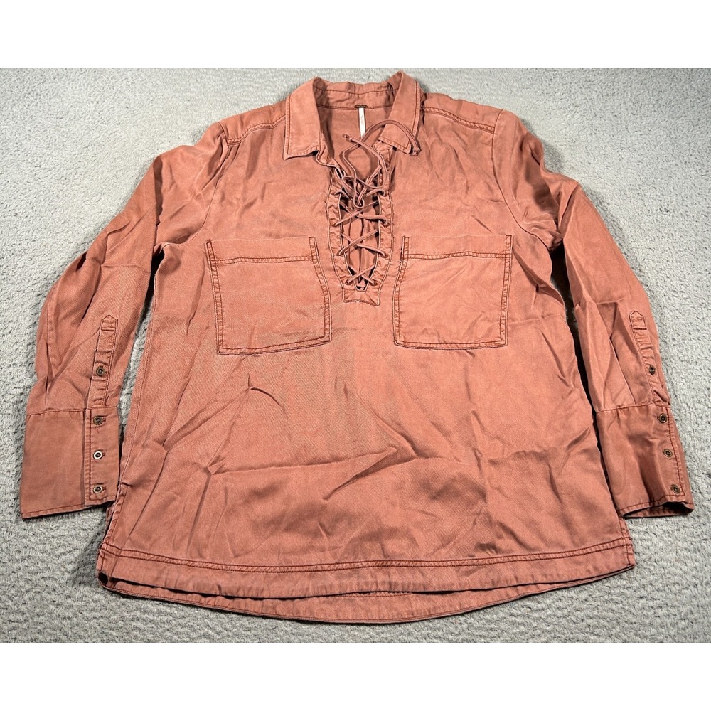 Free People Blouse Womens Large Rusty Red‎  Under Your Spell Lace-Up Hippie